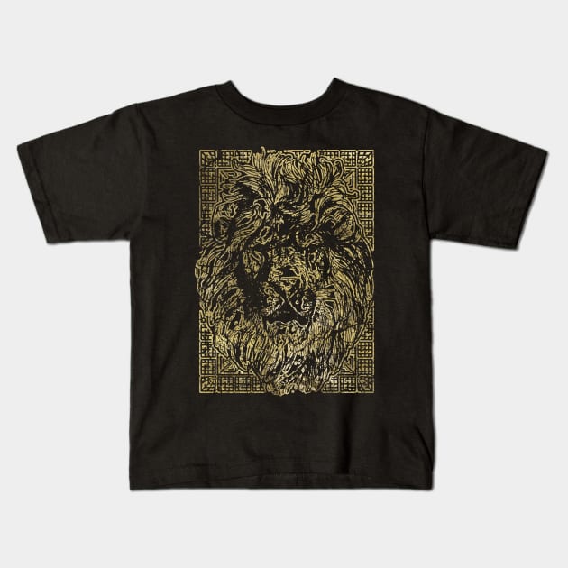 Vintage gold Lion Head on tribal texture Kids T-Shirt by Nartissima